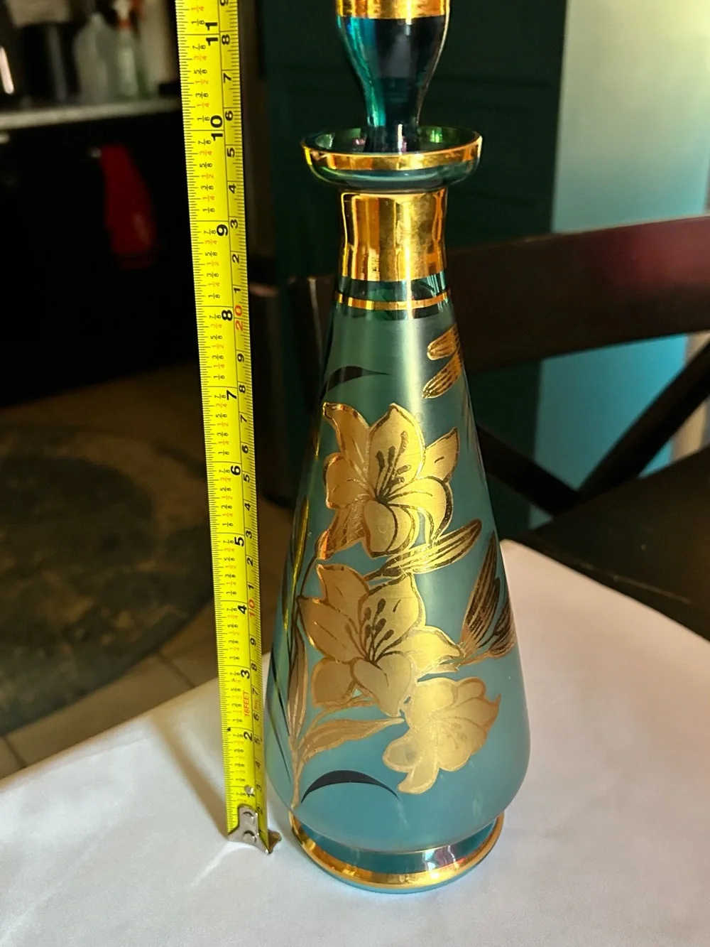 Decorative Aqua Glass Decanter Set with Gold Floral Accent - Unbranded